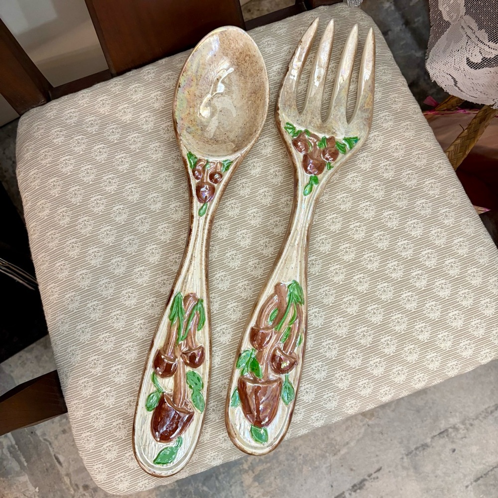 Vintage Merry Mushroom Woodland Oversized Iridescent Ceramic Fork & Spoon Set